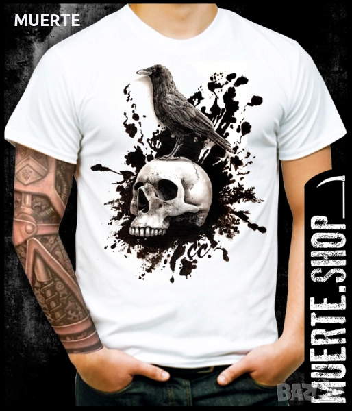 Тениска с щампа SKULL AND CROW, снимка 1