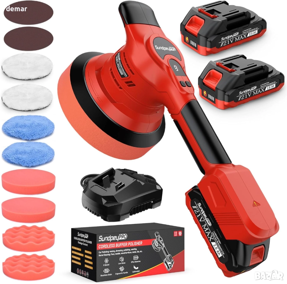 Безжична полираща машина за автомобили, 8000 об/мин, 8 скорости, 2 x 2.0Ah батерии, снимка 1