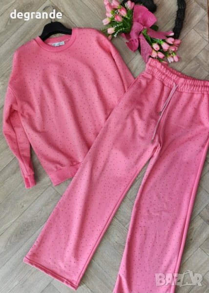 Памучен Розов дамски екип с камъчета, снимка 1