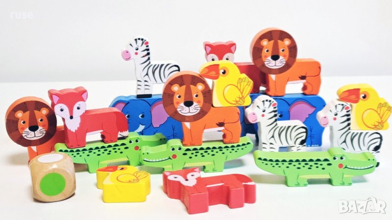 НОВИ! Дървена игра пирамида баланс с животни 18 броя 19 части, снимка 1