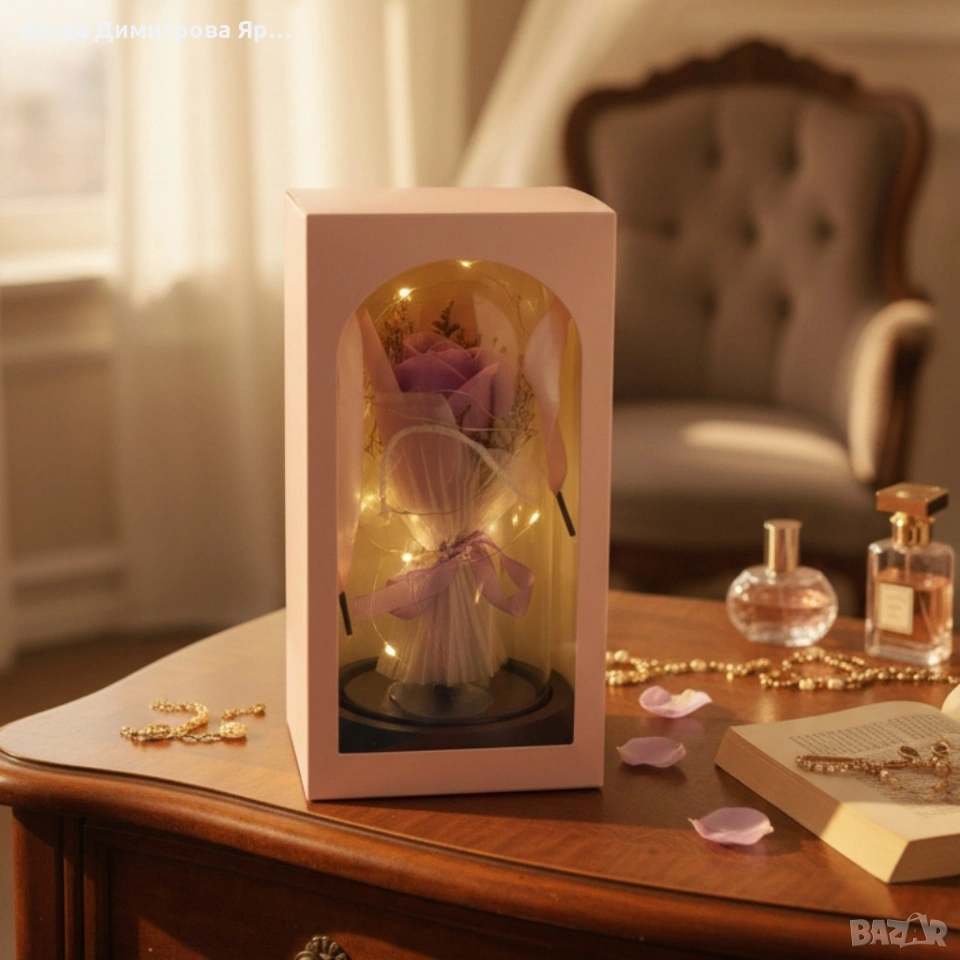Декоративна роза в стъклен купол - В подаръчна кутия, снимка 1