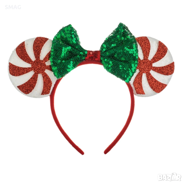 Коледна диадема с ушички, бели пайети, червена брокатена панделка и зеленичервени пайети_1242802, снимка 1