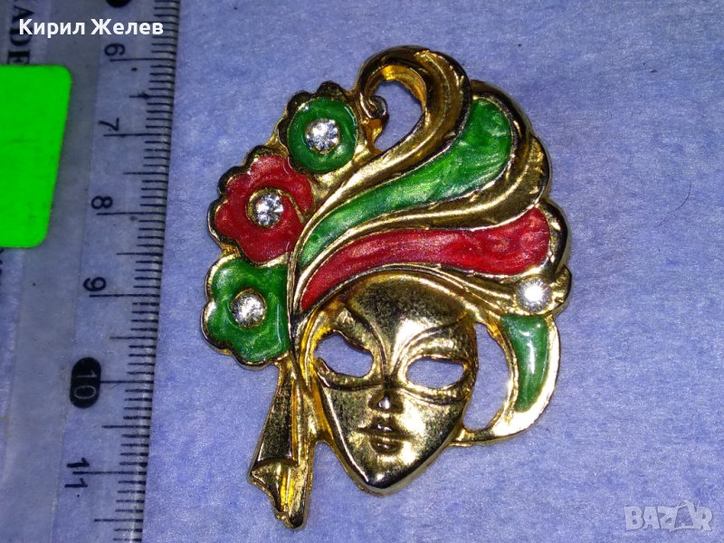 СТАРА РЯДКА БРОНЗОВА ЕМАЙЛИРАНА СКЪПОЦЕННА ВЕНЕЦИАНСКА КАРНАВАЛНА ПОЗЛАТЕНА БРОШКА 37686, снимка 1