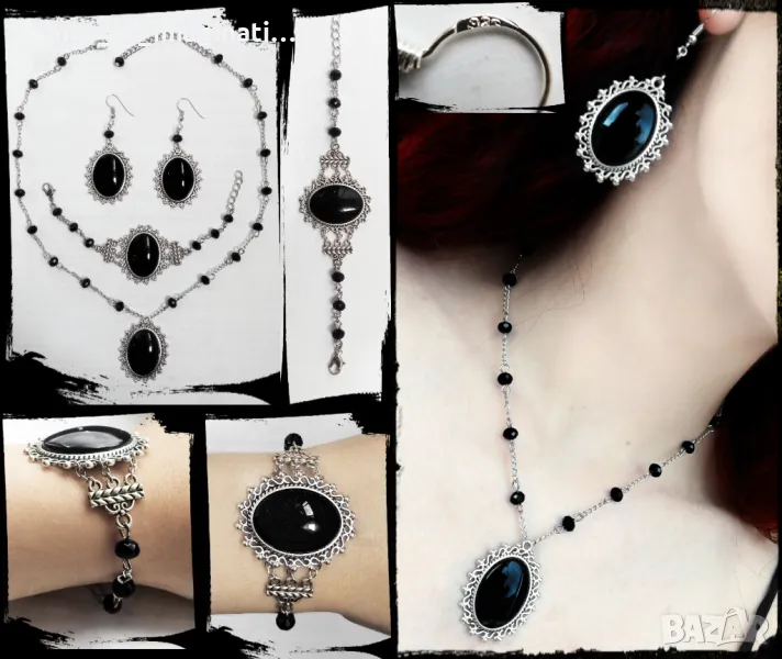 Комплект бижута със сребро 925, Ръчна изрботка, черен цвят, снимка 1