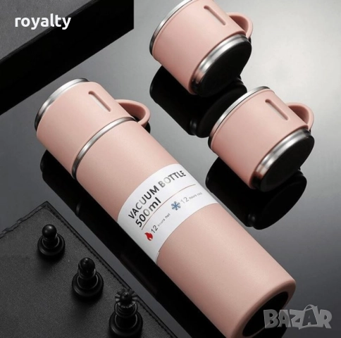 Подаръчен комплект термос с 3 чаши, зелен, розов, сив, снимка 9 - Други стоки за дома - 52651251