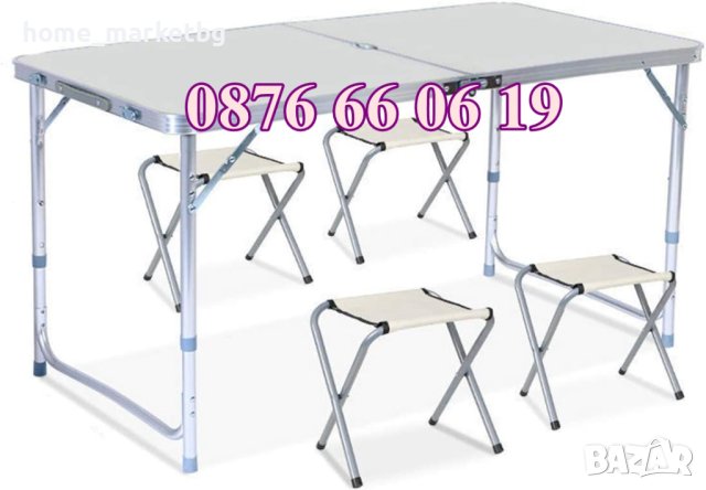 Къмпинг сгъваема маса с 120х60 см с 4 бр. столчета, градинска маса
