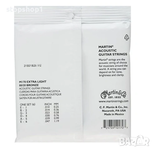 Комплект струни за акустична китара Martin M170 бронз 80/20 екстра светлина 010-047, снимка 2 - Китари - 53609241