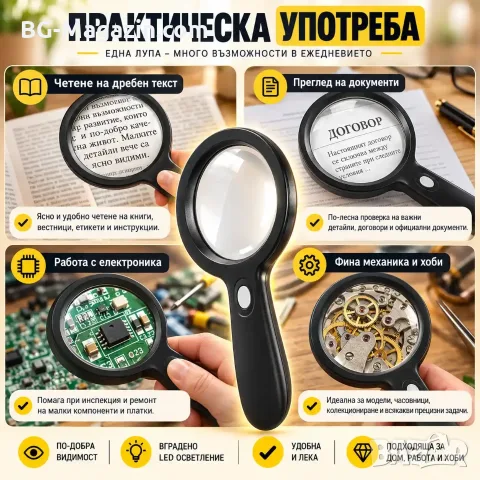 Ръчна лупа 10X с LED, 12 диода и Type-C зареждане, снимка 7 - Други инструменти - 56326926