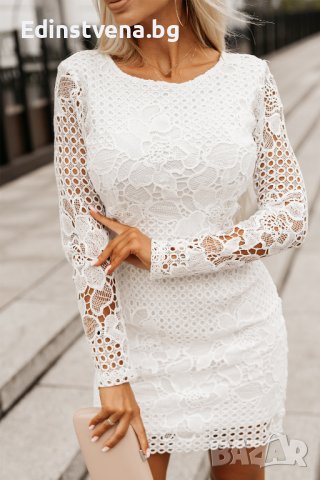 Елегантна дамска рокля в бяло с дълъг ръкав, снимка 5 - Рокли - 42521960