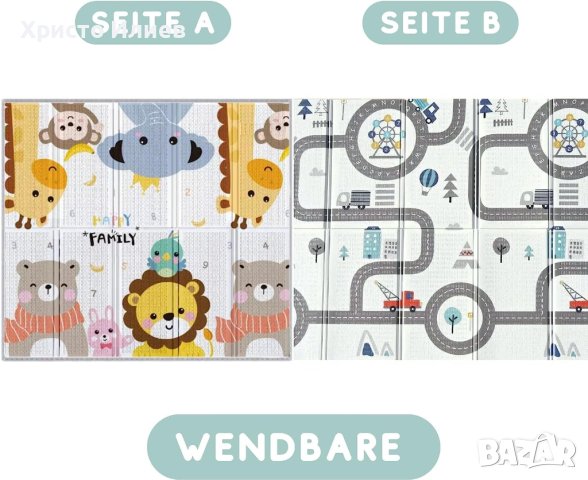 Мек килим за деца бебе 2 лица, неплъзгащ, водоустойчив 200 x 180 см сгъваем с чанта за съхранение, снимка 5 - Други - 41332234
