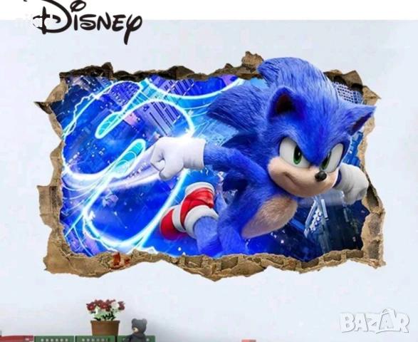 Соник Sonic син фон самозалепващ стикер лепенка за стена и мебел детска стая