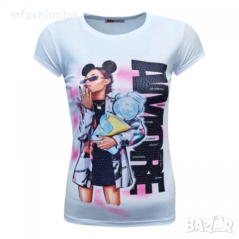 Дамски тениски с принт и камъчета, снимка 2 - Тениски - 35830320