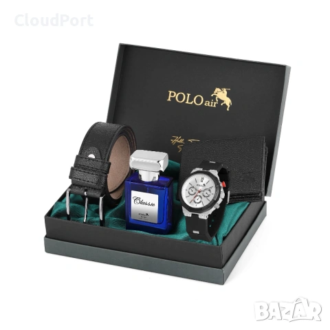 Мъжки комплект, POLO Air, Портфейл, Колан, Черен Часовник, 55 мл Парфюм, Черен