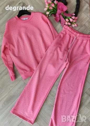 Памучен Розов дамски екип с камъчета