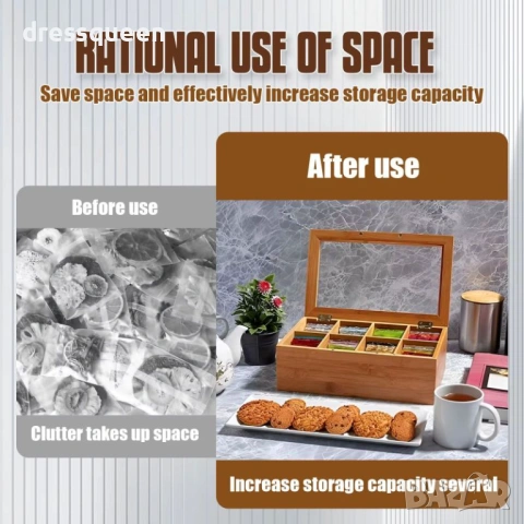 4632 Стилна бамбукова кутия за чай с 12 отделения и стъклен капак – 28x23x9 см, снимка 4 - Аксесоари за кухня - 53644466