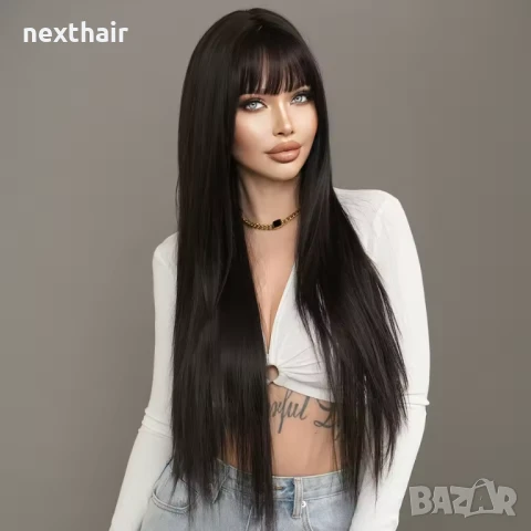 Дълга 80 см тъмно кафява към черна права перука на пластове зигзаг път, снимка 5 - Аксесоари за коса - 50939093