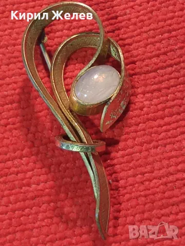 СТАРА РЕТРО АРТ ПОЗЛАТЕНА МЕДНА БРОШКА ЦВЕТЕ с МАРКИРОВКА AMERIKANA A+B и ШЛИФОВАН ЛУНЕН КАМЪК 45605, снимка 16 - Антикварни и старинни предмети - 46231977