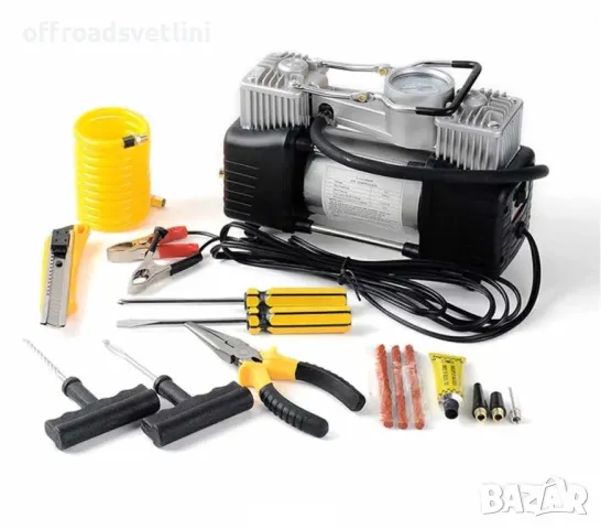 Мощен двубутален компресор за гуми в куфар с инструменти и фитили, снимка 2 - Аксесоари и консумативи - 50181238