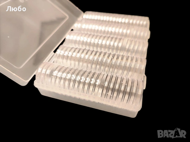 Кутия с 100 броя капсули за монети (до 27мм и до 30мм), снимка 2 - Нумизматика и бонистика - 49317722