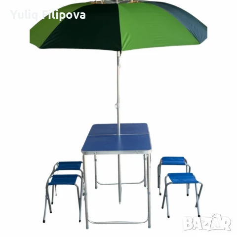 Къмпинг комплект 3 в 1: Сгъваема маса с 4 стола и чадър, снимка 7 - Градински мебели, декорация  - 50634190