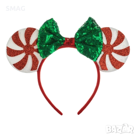 Коледна диадема с ушички, бели пайети, червена брокатена панделка и зеленичервени пайети_1242802