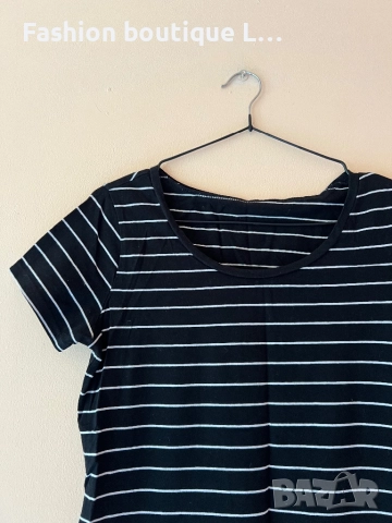 Памучна черна тениска на бяло райе с еластант 🖤🤍, снимка 2 - Тениски - 51758746