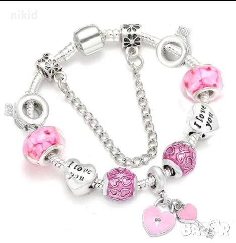 Нежна гривна с висулки тип Пандора Pandora charm charms Чарм свети валентин i love you