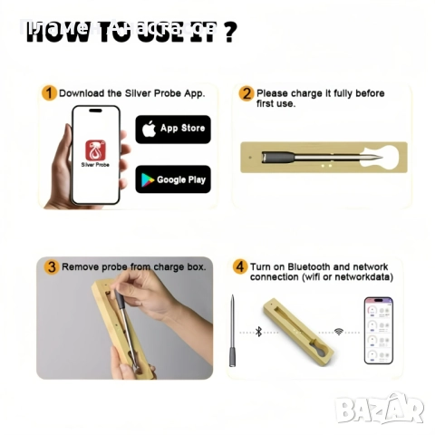 Smart Bluetooth Bamboo безжичен дигитален термометър за месо – за грил, фурна и барбекю, снимка 2 - Други - 52423266