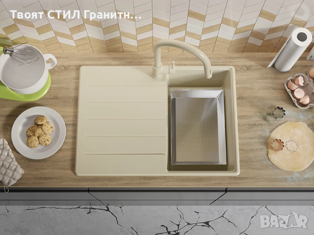 Беж кухненска мивка от гранит Копенхаген 40 Top 700х500, снимка 6 - Мивки - 50860925