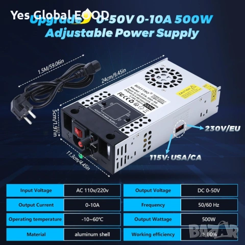Регулируемо захранване 0-50V 0-10A 500W, снимка 7 - Друга електроника - 53439957