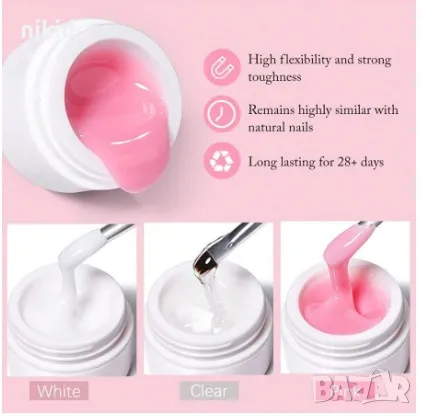 Изграждащ Полигел Polygel Поли Poly Gel прозрачен розов гел лак маникюр нокти, снимка 3 - Продукти за маникюр - 47904441