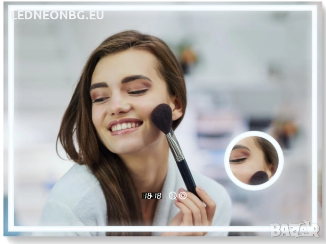 Oгледало за Баня 80 x 60 см, с LED осветление 3 CCT, Часовник - Термометър, Увеличително огледало 