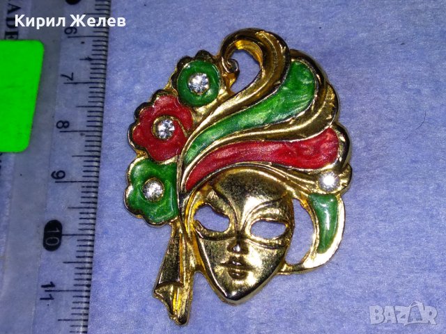 СТАРА РЯДКА БРОНЗОВА ЕМАЙЛИРАНА СКЪПОЦЕННА ВЕНЕЦИАНСКА КАРНАВАЛНА ПОЗЛАТЕНА БРОШКА 37686