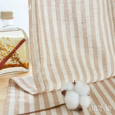 Ленени завеси Topick, раирани завеси с капси, 130 x 175 см, модерни бежови завеси с ленен вид, хол, снимка 4 - Пердета и завеси - 51897421