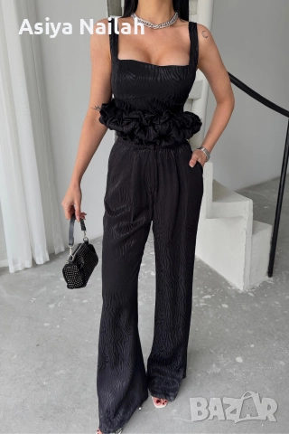 Дамски черен костюм от 3 части – сако, топ и широк панталон, снимка 4 - Костюми - 52792791