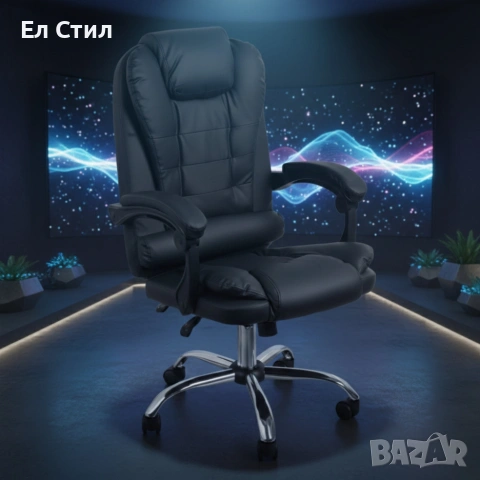 Ергономичен офис стол с лумбална опора от еко кожа в черен цвят – комфорт за дълги часове без болки 