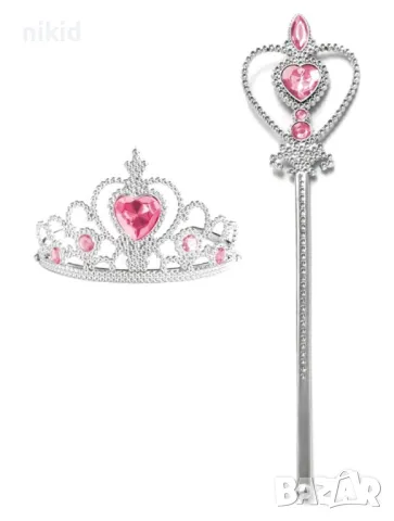 Сребриста пластмасова детска корона с камък сърце и Жезъл принцеса Елза Кралство София Рапунцел Белл, снимка 5 - Шноли, диадеми, ленти - 30337591