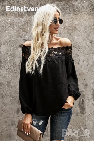 Дамска блуза в черно с паднало деколте с бродерия, снимка 5 - Блузи с дълъг ръкав и пуловери - 44414713