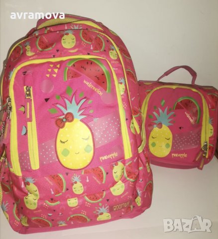 Комплект Ученическа чанта, чанта за хранене, раница Goomby с 4 отделения Pineapple