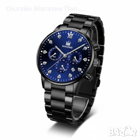 Мъжки кварцов часовник SHAARMS – Черен метален корпус, син циферблат, кристални индекси, календар