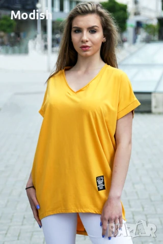 Памучна едноцветна дамска блуза с V-образно деколте 7042, снимка 7 - Тениски - 50696210