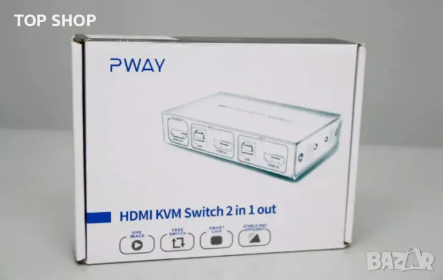 KVM превключвател HDMI 2в1 4K 30Hz с USB 2.0 хъбове с комплект кабели, снимка 5 - Работни компютри - 48933319
