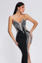 Дълга асиметрична черна бална рокля с кристали , снимка 1 - Рокли - 44583130
