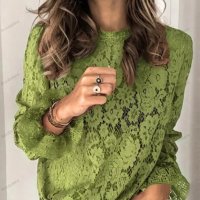 Дамска едноцветна дантелена блуза с кръгло деколте с дълги ръкави и маншети, 4цвята - 023, снимка 3 - Ризи - 39299192