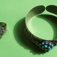Гривна и пръстен (бижу) - мелхиор и тюркоаз, снимка 1 - Бижутерийни комплекти - 40181516