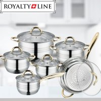 Комплект тенджери и тиган Royalty Line RL-1231G, 12ч.,16К/16/18/ 20/24/24Tсм., Индукция, Инокс, Злат, снимка 3 - Съдове за готвене - 44167010