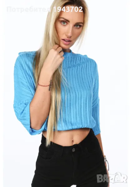 Къса дамска блуза с ластик в син цвят MP16365, снимка 1