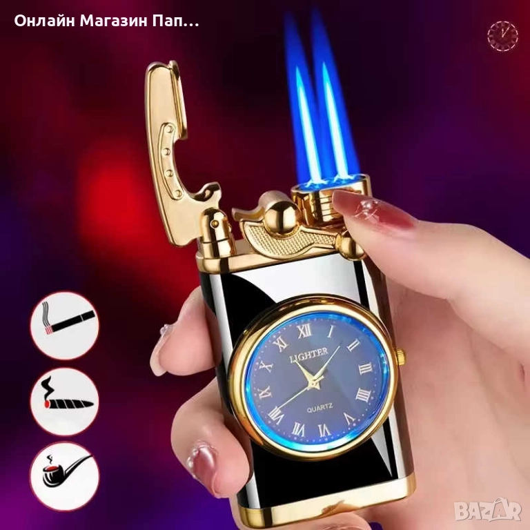 Пиезо-кристална запалка с кварцов часовник и двоен пламък. Различни цветове, снимка 1