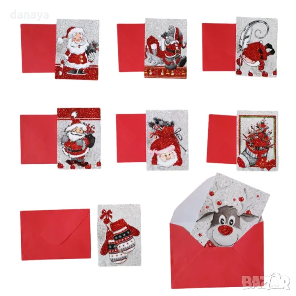 5290 Мини брокатени коледни картички с червен плик, снимка 1