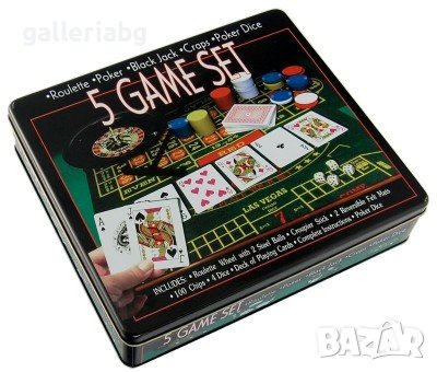 Комплект от 5 игри в метална кутия. рулетка, покер, блекджек, Craps, игра на зарове, снимка 1